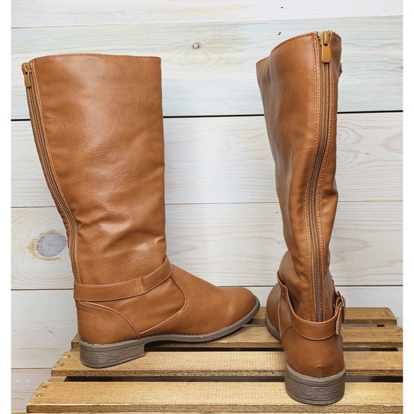 Tall Brown Faux Leather Boots with Buckle - Picture 3 of 5